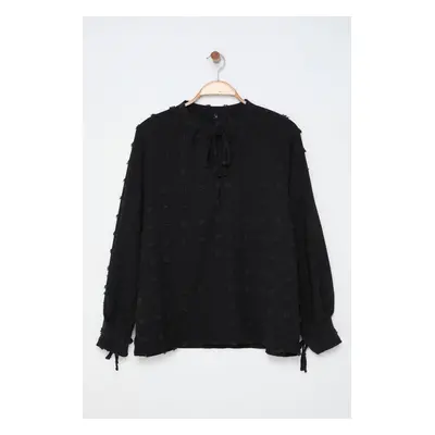 Trendyol Curve Black Balloon Sleeve Pompom Woven Plus Size Blouse