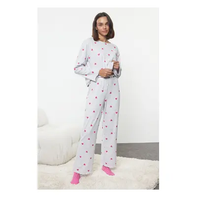 Trendyol Grey Melange Heart Slogan Printed Elastic Knitted Pajama Set