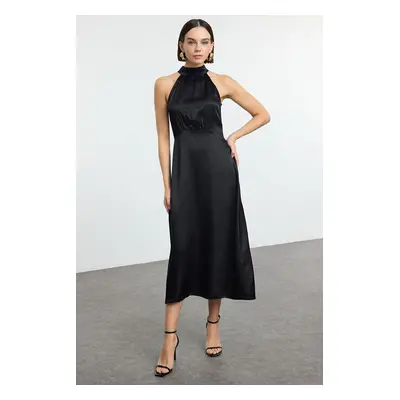 Trendyol Black More Sustainable A-Line Jacquard Satin Midi Woven Dress