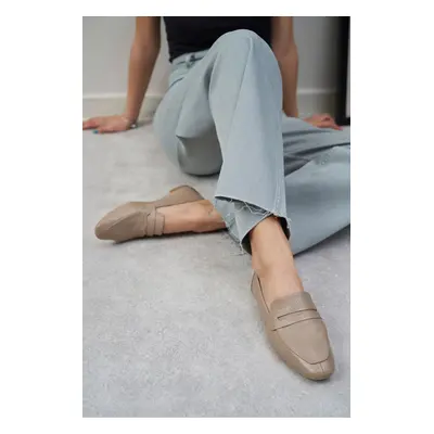 NİŞANTAŞI SHOES Emma Dark Beige Inside and Outside Genuine Leather Flat Sole Women's Ballerinas