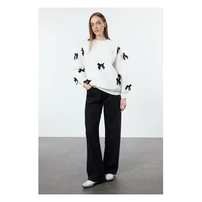 Trendyol Ecru Ribbon Detail Oversize/Wide Fit Thick Knitted Sweatshirt