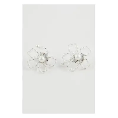 DEFACTO Women's Flower Patterned Pearl Silver Earrings