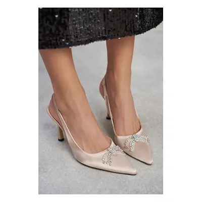 NİŞANTAŞI SHOES Karina Beige Satin Women's Heeled Shoes with Stone Detailed.