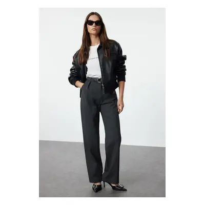 Trendyol Anthracite Belted Straight/Straight Cut Woven Fabric Trousers