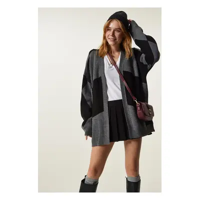 Happiness İstanbul Gray Black Patterned Thick Cardigan Jacket