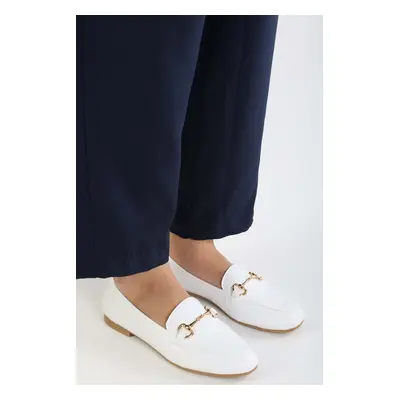 Shoeberry Women's Tiana White Skin Buckle Casual Loafer