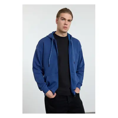 Trendyol Indigo Oversize/Wide Cut Hooded Zippered Thick Basic Sweatshirt-Cardigan