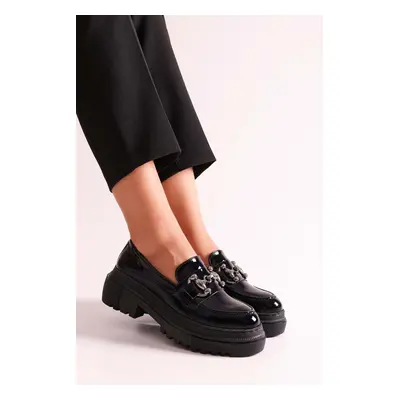 Shoeberry Women's Rex Black Patent Leather Thick Sole Buckled Loafers Black Patent Leather.