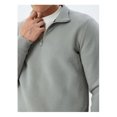 Koton Half Zip Collar Basic Ribbed Cotton Blended Long Sleeve Sweatshirt