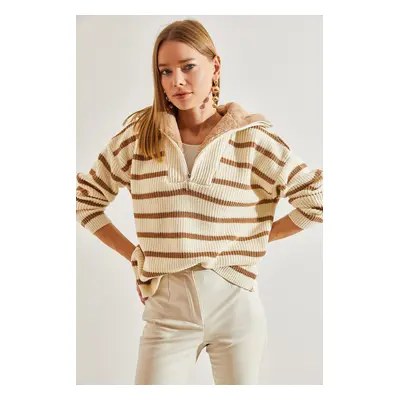 Bianco Lucci Women's Neck Shearling Fur Striped Zipper Knitwear Sweater