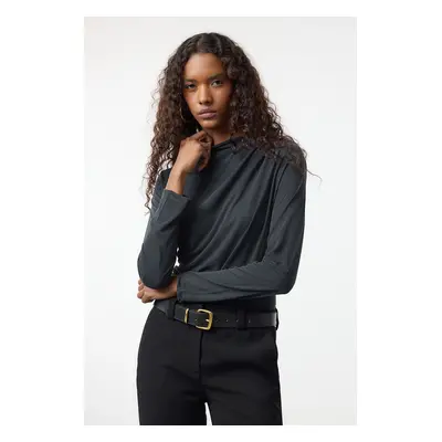 Trendyol Care Collection Anthracite 100% Modal Fabric Boat Neck Drape/Pin Detail Knitted Blouse