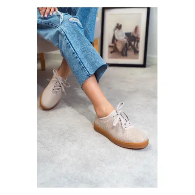 NİŞANTAŞI SHOES Venice Beige Matte Flat Sole Lace-Up Women's Sneakers