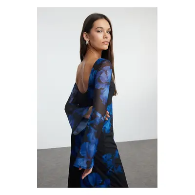 Trendyol Navy Blue Floral Backless Tulle Boat Neck Flexible Maxi Knitted Dress