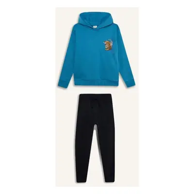 DEFACTO Boy's 2-Piece Set Hooded Printed Sweatshirt Elastic Waist Tracksuit Bottoms