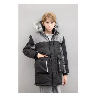 DEFACTO Boy's Detachable Faux Für Collar Hooded Plush Lined Parka