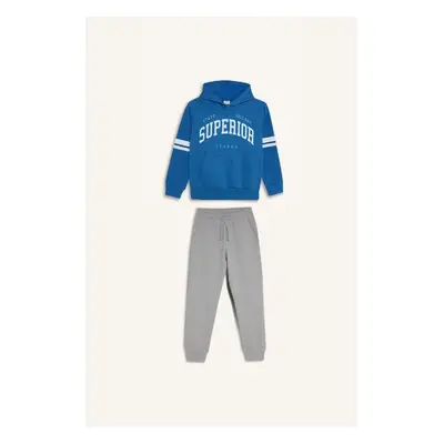 DEFACTO Boy 2-Piece Set Thick Hooded Printed Sweatshirt Elastic Waist Tracksuit Bottoms