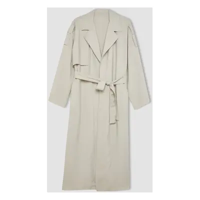 DEFACTO Oversize Wide Pattern Seasonal Long Trench Coat Double Breasted Closure Pockets Epaulett