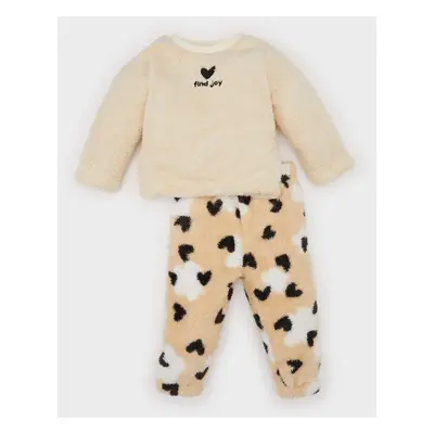 DEFACTO Baby Girl 2-Piece Set Heart Patterned Plush Sweatshirt Elastic Waist Bottom