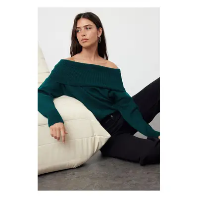 Trendyol Emerald Green Soft Textured Carmen Collar Knitwear Sweater