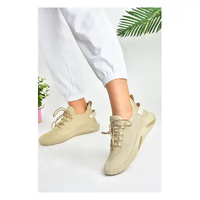 Fox Shoes Beige Knitwear Fabric Women's Sports Shoes