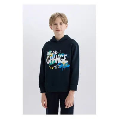 DEFACTO Boy's Hooded Printed Soft Furry Sweatshirt