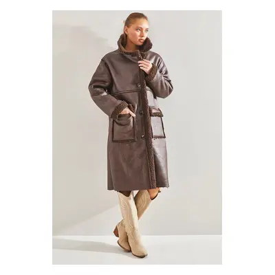 Bianco Lucci Women's Piping Long Laminated Coat