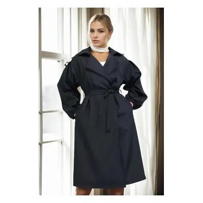 40345 Dewberry Belted Balloon Sleeve Women Trenchcoat-BLACK