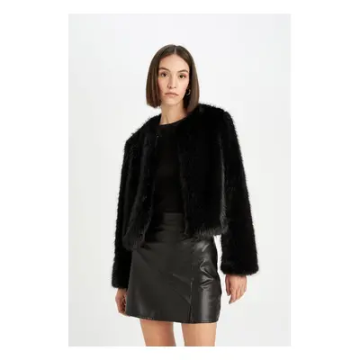 DEFACTO Lined Black Faux Fur Jacket