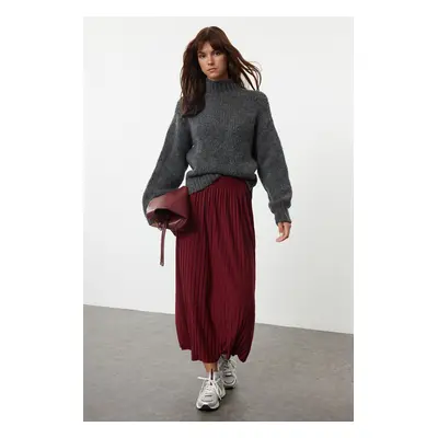 Trendyol Burgundy High Waist Pleated Stretchy Maxi Knitted Skirt