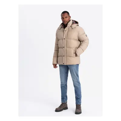 Ombre Men's puffer jacket with check lining - beige