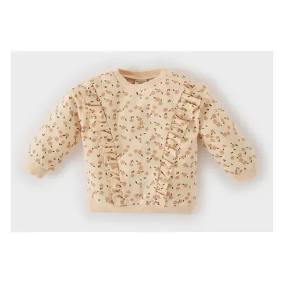 DEFACTO Baby Girl Crew Neck Floral Patterned Soft Furry Sweatshirt