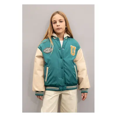 DEFACTO Girls Detachable Hooded College Collar Snap Pocket Bomber Jacket