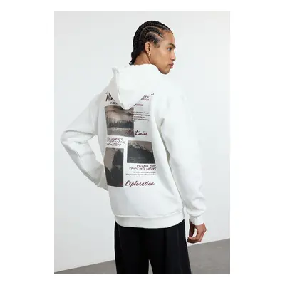 Trendyol Ecru Oversize/Wide Cut Hooded Back Printed Fleece/Warm Sweatshirt