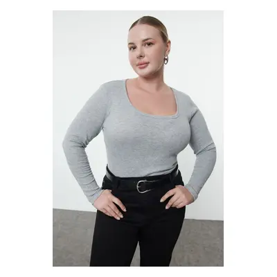 Trendyol Curve Gray Melange Camisole Knitted Plus Size Blouse