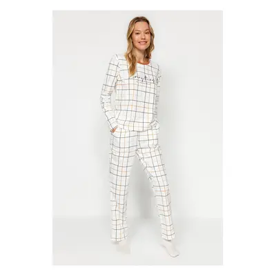 Trendyol White 100% Cotton Plaid Tshirt-Pants Knitted Pajama Set