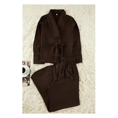 Trendyol Brown Belted Piping Detail Double Breasted Viscose Woven Pajamas Set