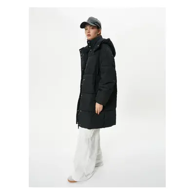 Koton Long Puffer Coat Hooded Zipper Snap Closure Wind Flap Pocket