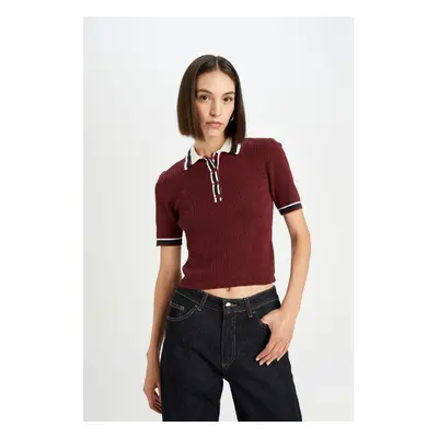 DEFACTO Regular Fit Buttoned Polo Neck Short Sleeve Burgundy Knitted Sweater