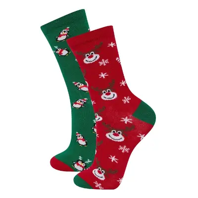 DEFACTO Women's Christmas Themed 2-Piece Cotton Long Socks