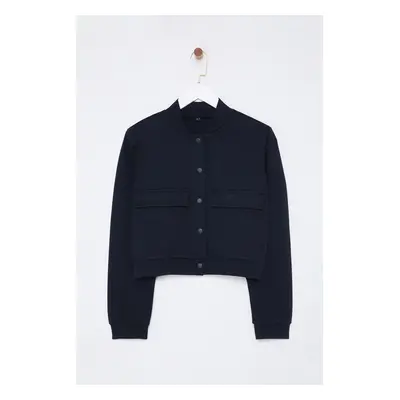 Trendyol Navy Blue Padded Buttoned Stand Collar Interlock Crop Jacket