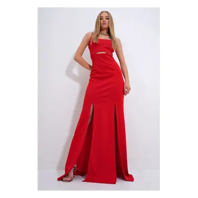 Trend Alaçatı Stili Women's Red Adjustable Strap Out Cut Slit Graduation Dress