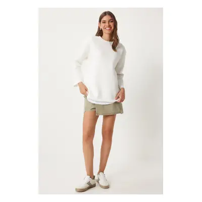 Happiness İstanbul Women's White Raised Oversize Knitted Sweatshirt