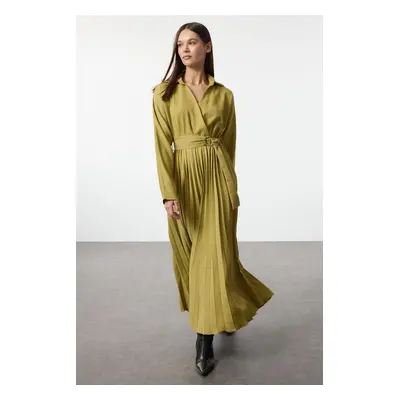 Trendyol Oil Green Belted Pleated Skirt Double Breasted Maxi Woven Dress