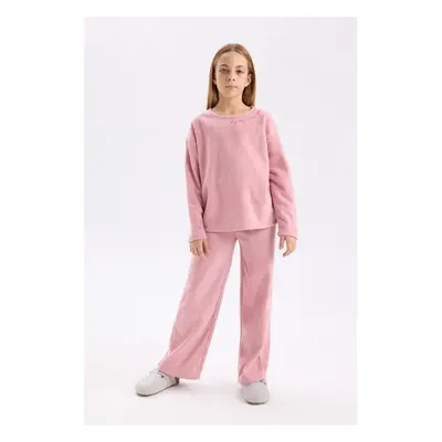 DEFACTO Girls Pajama Set Plush Long Sleeve Top Elastic Waist Wide Leg Bottom