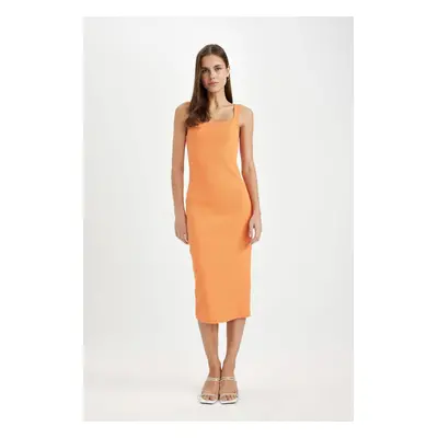 DEFACTO Bodycon Fitted Basic Plain Square Neck Ribbed Camisole Sleeveless Midi Dress