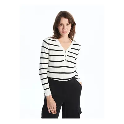 LC Waikiki LCWAIKIKI Basic Ecru Striped V Neck Striped Long Sleeve Women's Knitwear Sweater