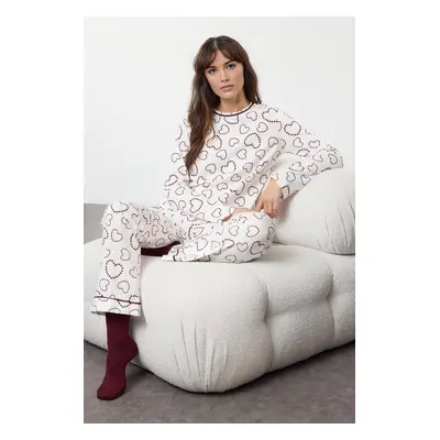 Trendyol White-Multicolored 100% Cotton Heart-shaped Knitted Pajama Set