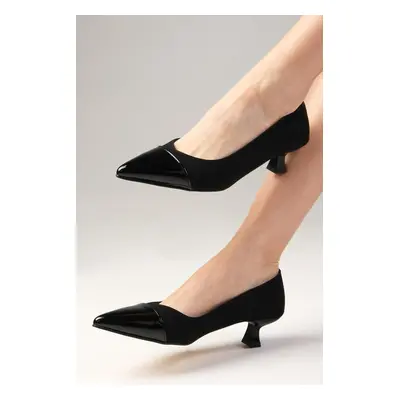 Mio Gusto Elenor Black Color Patent Leather And Suede Combination Short Heeled Shoes