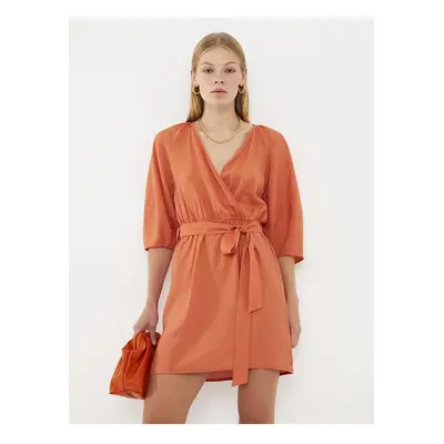 LC Waikiki LCW Vision Matte Orange Women's V Neck Plain Dress