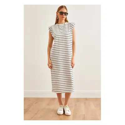 Olalook Women's White Padded Striped Midi Dress